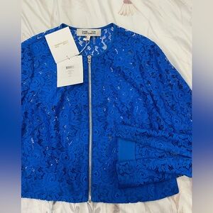 Diane von Furstenberg bright blue floral lace jacket